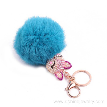 Rhinestone Fox Charm Rabbit Fur Ball Keychain For Women Bag